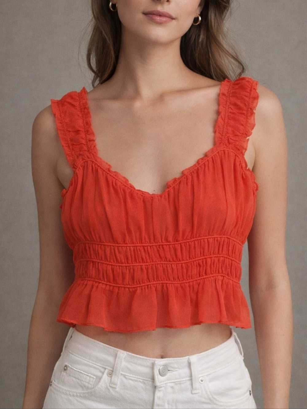ASTR the Label Scarlet Red Shirred Ruffle Crop Tank Top Women's XL Boho Chic